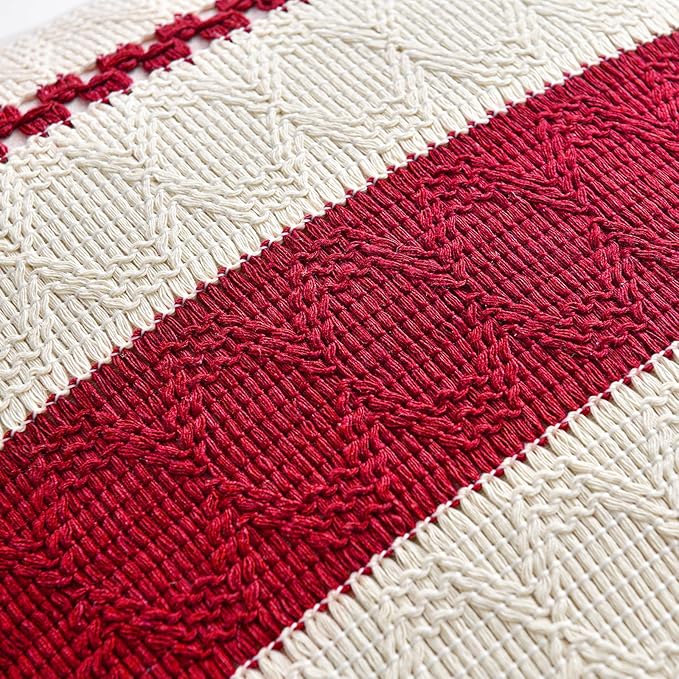 Fancy Homi Set of 2 Boho Red Decorative Throw Pillow Cover 16x16 Inch for Couch Bed Sofa, Aesthetic Modern Organic Farmhouse Home Decor, Soft Cotton Cute Accent Macrame Woven Cushion Case