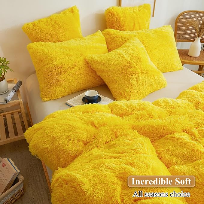 XeGe Faux Fur Throw Pillow Covers, Luxury Fluffy Plush Pillow Shams, Shaggy Decorative Pillow Cushion Cover for Sofa Bed Couch with Zipper Closure, Pack of 2 (18''x18'', Yellow)