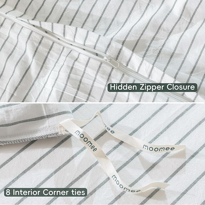 MooMee Striped Duvet Cover Set 100% Washed Cotton Linen Like Textured Breathable Durable Soft Comfy (White Heathered Green Wide Stripes, Alaska King 132"x120")