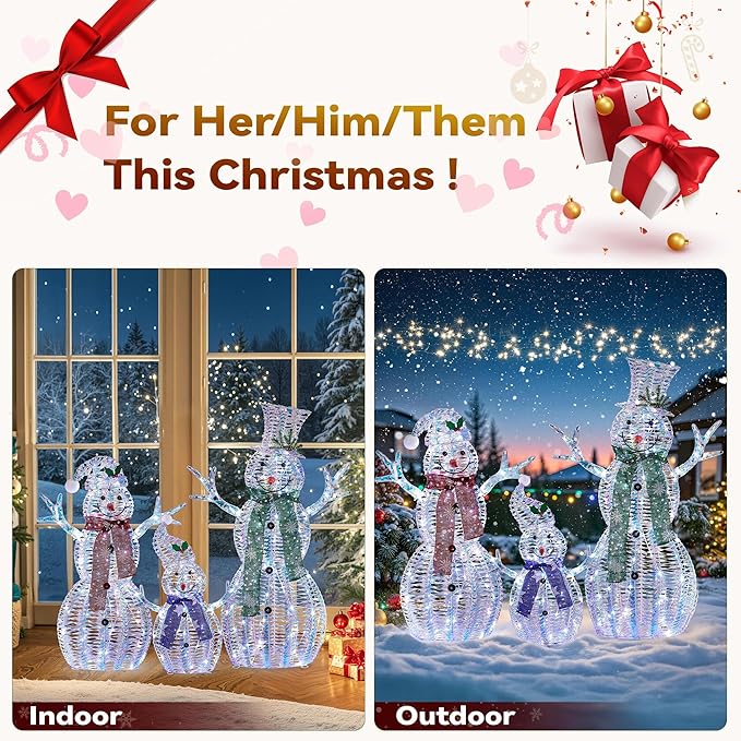 Large Christmas Snowman Family Decorations, 43Inch 3D Pre-Lit Iridescent Snowman with 200 LED Lights & Zip Ties, Indoor Outdoor Holiday Decor for Yard,Porch,Home-Iridescent