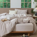 MooMee Striped Duvet Cover Set 100% Washed Cotton Linen Like Textured Breathable Durable Soft Comfy (Orange Pinstripes, Full 80"x90")