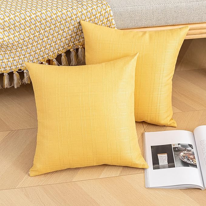 Kevin Textile Pack of 2 Decorative Outdoor Waterproof Pillow Covers Square Garden Checkered Cushion Sham Throw Pillowcase Shell for Patio Tent Couch 24x24 Inch Yellow