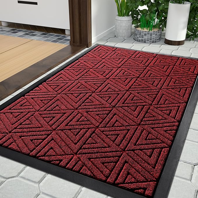 Yimobra Outdoor Mats for Front Door, Stops Mud & Dirt at Entrance, Fits Garage & Patio, All-Weather Waterproof Non Slip Outdoor Indoor Welcome Mat, 29.5x17 Black Red