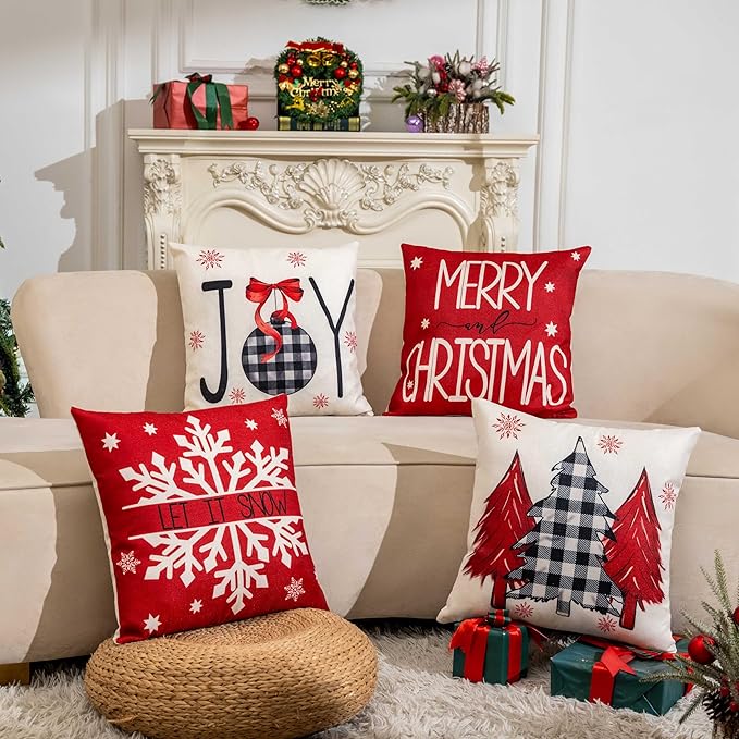 Red Christmas Decorations-Throw Pillow Covers 18x18 in Set of 4,Decorative Joy Snowflake Pillow Case for Couch Sofa Winter Holiday Indoor Outdoor Home Red White Xams Decorations