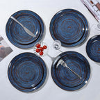 Melamine Dinnerware Set, 12-Piece Plates and Bowls Set, Blue Threaded Plastic Dishes Set, Service for 4, BPA-Free, Dishwasher Safe