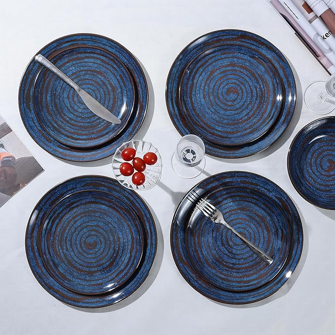 Melamine Dinnerware Set, 12-Piece Plates and Bowls Set, Blue Threaded Plastic Dishes Set, Service for 4, BPA-Free, Dishwasher Safe