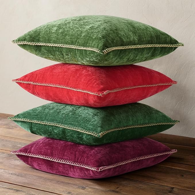 decorUhome Christmas Chenille Soft Throw Pillow Covers 20x20 Set of 2, Farmhouse Velvet Neutral Decorative Euro Pillow Covers with Stitched Edge for Couch Sofa Bed Home Decor, Christmas Red