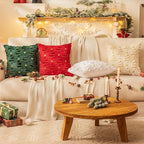 AQOTHES Christmas Tree Decorative Green Red Throw Pillow Covers 18x18 Set of 2, Faux Fur Farmhouse Throw Pillows Cushion Cases for Xmas Winter Holiday Home Decor