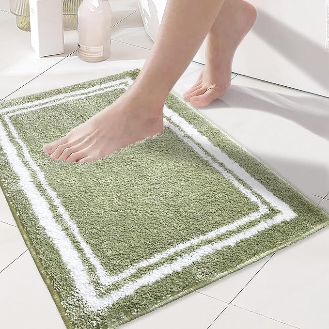 Tititex Luxury Sage Green White Frame Line Bathroom Rug, 24x36 inch Extra Soft and Absorbent Microfiber, Non-Slip Plush Shaggy Bath Carpet, Bath Mats for Floor, Tub and Shower