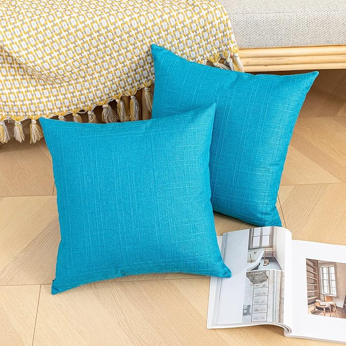 Kevin Textile Pack of 2 Outdoor Waterproof Throw Pillow Covers Solid Checkered Linen Decorative Farmhouse Pillowcases for Garden Patio Tent Balcony Couch Sofa 24 x 24 Peacock Blue