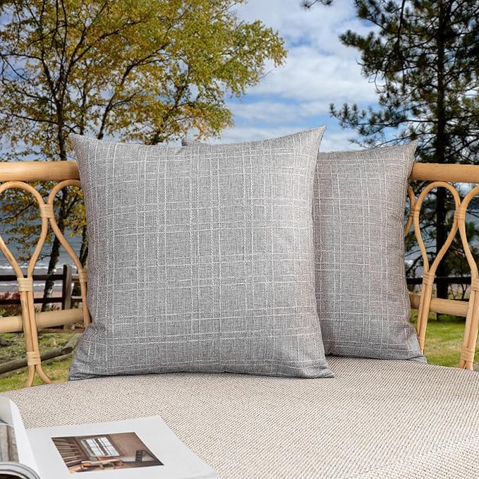 Kevin Textile Pack of 2 Outdoor Waterproof Throw Pillow Covers Decorative Farmhouse Checkered Square Solid Cushion Cases for Patio Garden Porch Sofa Grey 18x18 inch