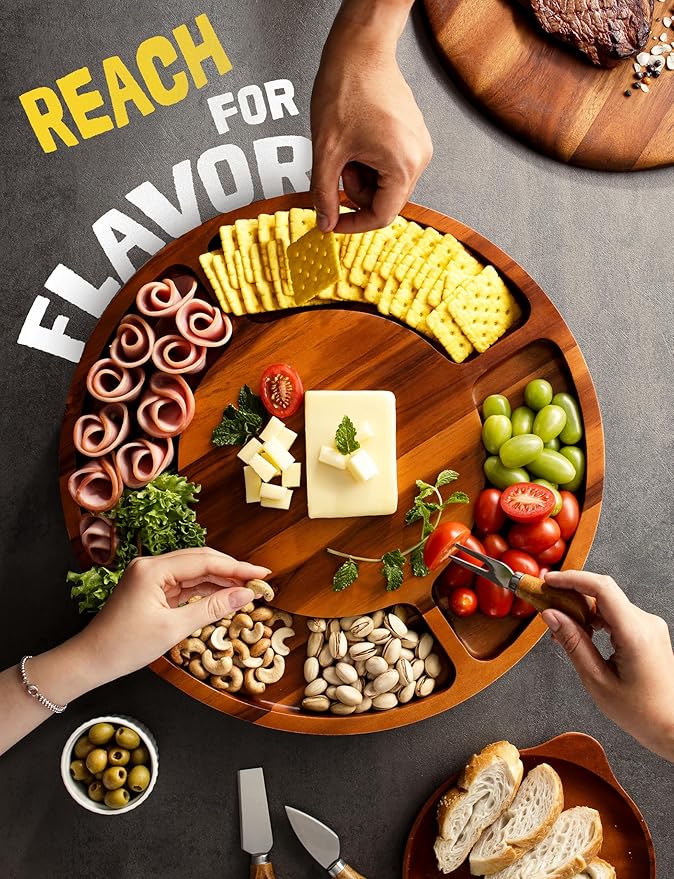 16” Rotating Charcuterie Board for Cheese and Meat - Lazy Susan Charcuterie Boards Round with Compartments - 360° Rotating Plates for Serving Food, Lazy Susan Cheese Board (Acacia Wood)