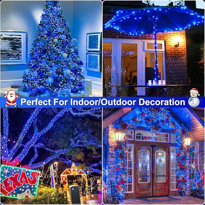 328FT 1000 LED Christmas Lights, Plug in Blue Christmas Tree Lights Outdoor with Timer and 8 Modes, Green Wire Waterproof String Lights for Indoor Yard Patio Xmas Holiday Decorations