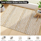 Bedding Craft Jute Cotton Stripe Area Rug for Living Room 24x36 Inch - Natural Ivory - Machine Washable 2x3 Feet Rugs - 70% Jute and 30% Cotton