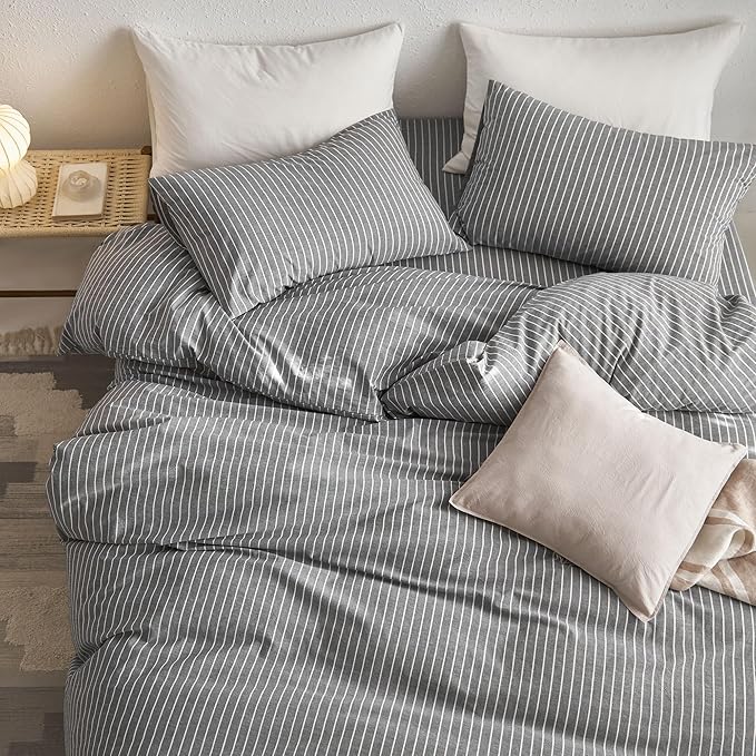 MooMee Striped Duvet Cover Set 100% Washed Cotton Linen Like Textured Breathable Durable Soft Comfy (Dark Grey White Wide Stripes, Twin 68"x90")