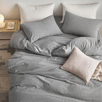 MooMee Striped Duvet Cover Set 100% Washed Cotton Linen Like Textured Breathable Durable Soft Comfy (Dark Grey White Wide Stripes, Oversized Queen 98"x98")