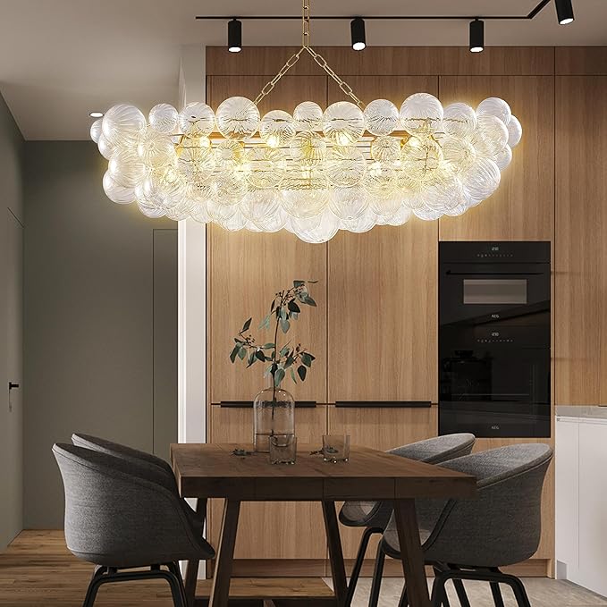 Nordic Bubble Ball Swirled Glass Chandelier 50 inch Rectangular Island Light Fixture Gild Gold and Clear Blown Glass Lighting for Dining Table, Living Room