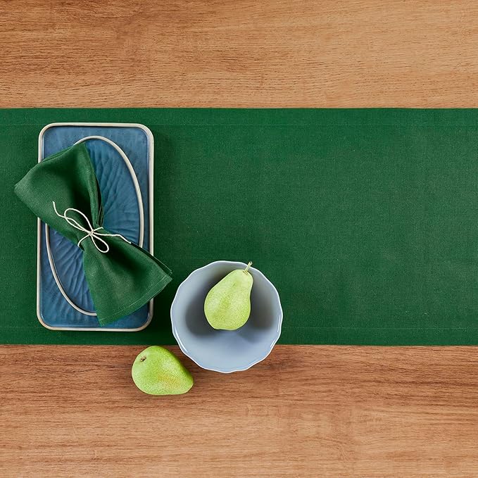 Solino Home Linen Pine Green Table Runner 120 Inches Long - 100% Pure Linen 14 x 120 Inch Table Runner for Fall, Autumn, Thanksgiving, Christmas - Fete