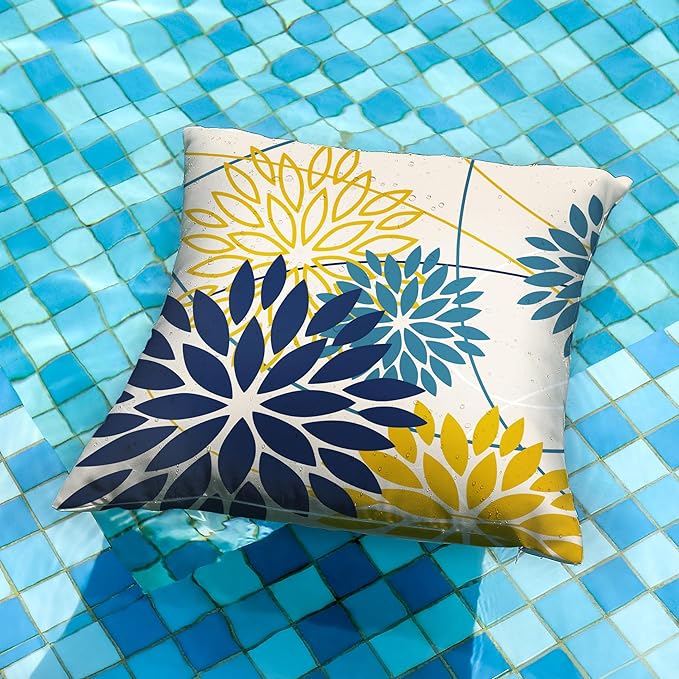 Blue Yellow Flower Pillow Covers 16x16 Inch Set of 2 Outdoor Throw Pillows Outdoor Waterproof Decor for Living Room Sofa Patio Funiture Garden Floral Polyester Pillow Covers 01P16