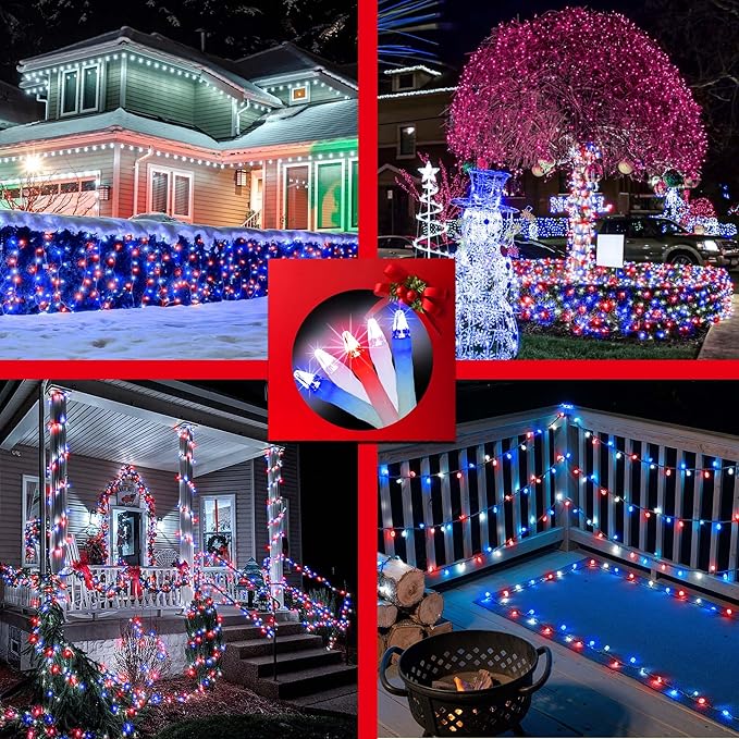 1500 LED Chrstmas Lights, 470ft Outdoor Christmas String Lights with 12 Modes, Red White and Blue LED String Lights with Timer Dimmable Waterproof for Tree Fence Garden Xmas Wedding Party Decor