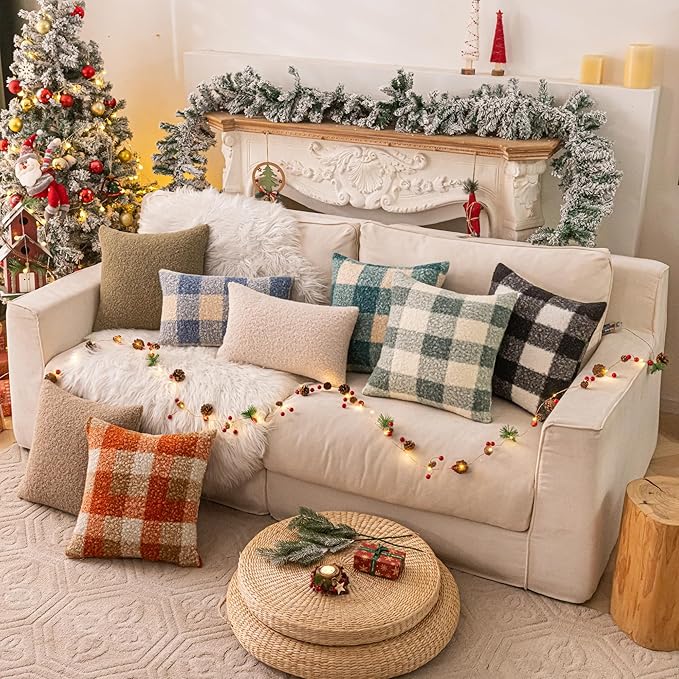 AQOTHES Black White Plaid Winter Throw Pillow Covers 18x18 Inch Set of 2, Boucle Faux Fur Pillow Covers,Cozy Fluffy Home Living Room Farmhouse Decor for Sofa Couch Bed