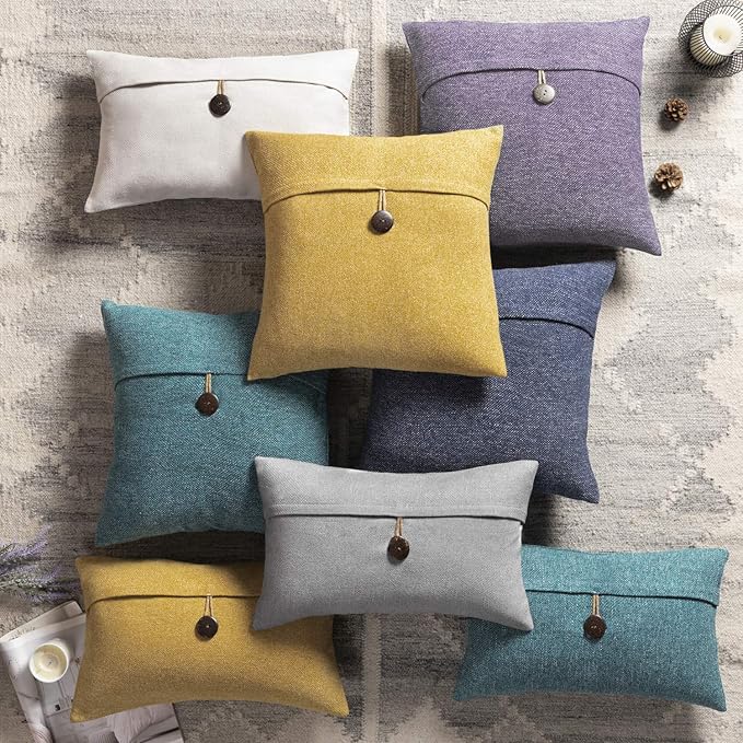 Phantoscope Pack of 2 Farmhouse Throw Pillow Covers Button Vintage Linen Solid Decorative Pillow Cover for Couch Bed and Chair Light Grey 22 x 22 inches 55 x 55 cm