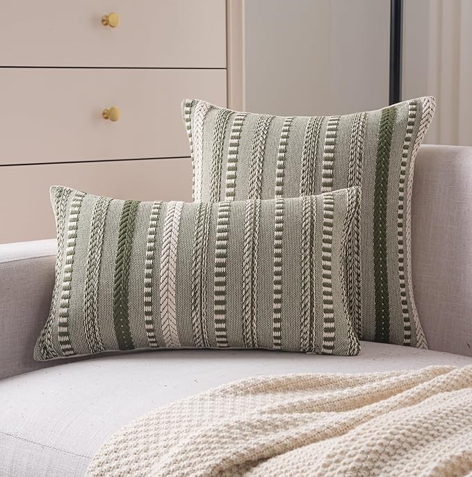Boho Throw Pillow Covers 12x20 Inch Set of 2, Farmhouse Decorative Couch Pillow Cases, Green Accent Pillows of Bed, Sofa Bedroom Living Room Home Decor Cushion Cover