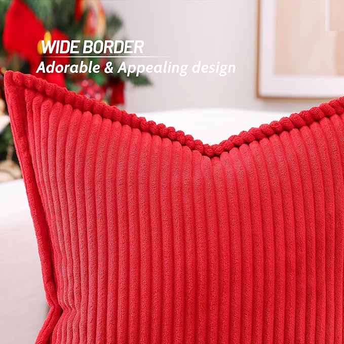 Mecatny Christmas Corduroy Throw Pillow Covers 12x20 Set of 2, Neutral Decorative Soft Boho Lumbar Couch Pillow Covers with Broadside for Sofa Living Room, Red