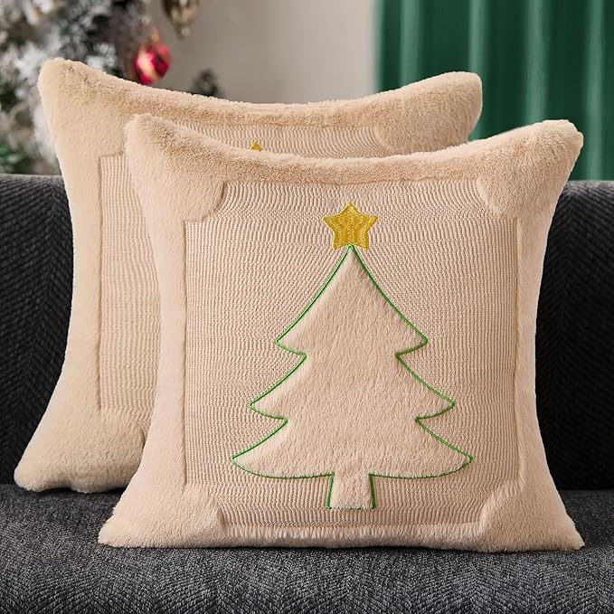 DFXSZ Christmas Pillow Covers 18x18 Yellow Star Beige Christmas Tree Decoration Soft Plush Faux Fur Jacquard Throw Pillows for Bedroom Sofa Holiday Festivals Winter Home Decor PTK063C18