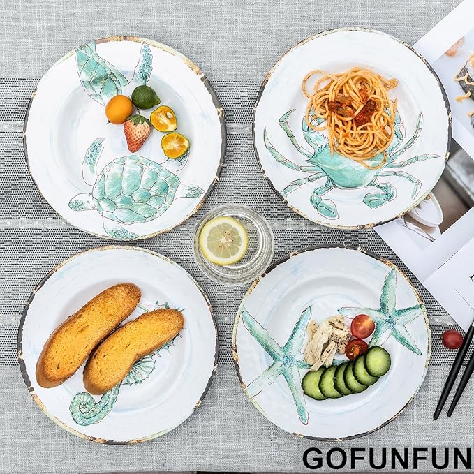 Melamine Salad Plates Set of 4, Salad/Dessert Plate for Outdoor/Indoor Use, Shatterproof, BPA Free, Dishwasher Safe Small Dinner Plates, Marine Life