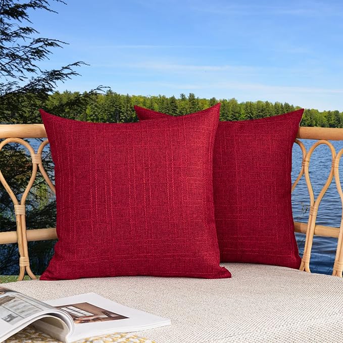 Kevin Textile Pack of 2 Decorative Outdoor Throw Pillow Covers Waterproof Classic Checker Linen Pillowcases Cushion Cases for Sofa Couch Patio Garden 24x24 Inch Red