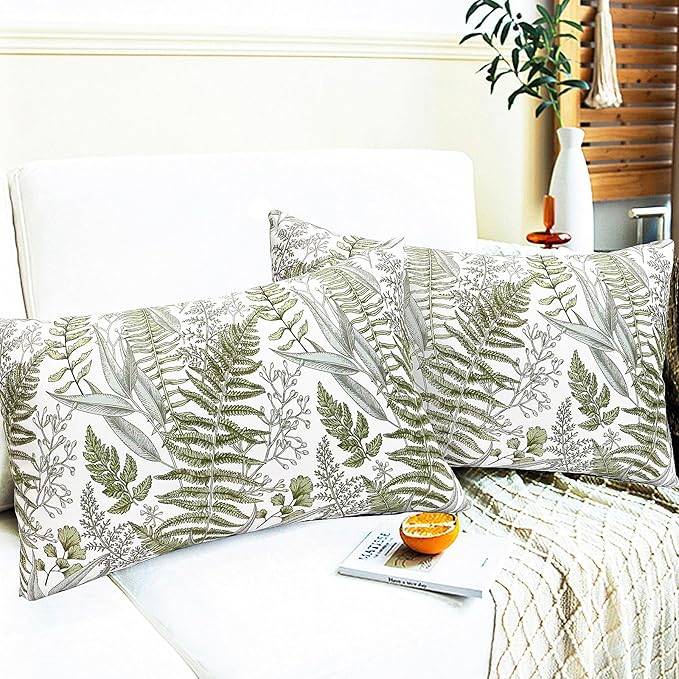 Decorative Throw Pillow Covers Set of 2 Olive Green Leaves Pillow Covers 12x20 inch Soft Short Plush Square Floral Throw Pillows,Farmhouse Outdoor Pillow Covers for Couch Bed Living Room