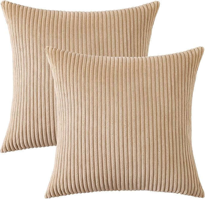 Mecatny Corduroy Decorative Throw Pillow Covers 20x20 Set of 2 for Sofa Living Room, Soft Neutral Boho Couch Pillow Covers for Home Decor, Khaki