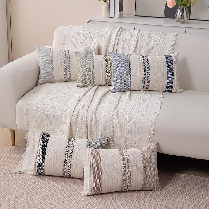 Boho Lumbar Pillow Covers Set of 2-12x20 Inch Sage Green Striped Decorative Farmhouse Coastal Accent Long Boho Throw Pillows for Couch, Neutral Textured Pillowcases for Bed, Sofa Home Decor