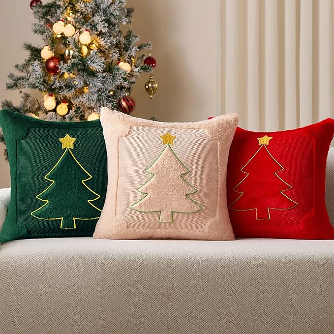 DFXSZ Christmas Pillow Covers 18x18 Yellow Star Green Christmas Tree Decoration Soft Plush Faux Fur Jacquard Throw Pillows for Bedroom Sofa Holiday Festivals Winter Home Decor PTK063A18