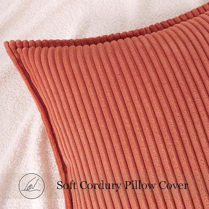 Mecatny Corduroy Fall Throw Pillow Covers 20x20 Set of 2, Neutral Decorative Soft Burnt Orange Boho Couch Pillow Covers with Broadside for Sofa Living Room, Rust