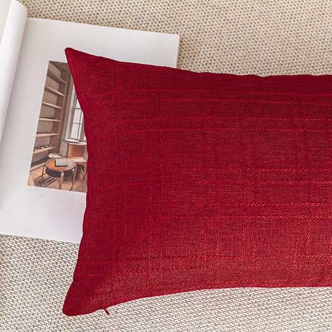 Kevin Textile Pack of 2 Outdoor Waterproof Throw Pillow Covers Decorative Square Outdoor Checkered Pillows Cushion Case Patio Pillows for Couch 12x20 inches 30x50 cm Red