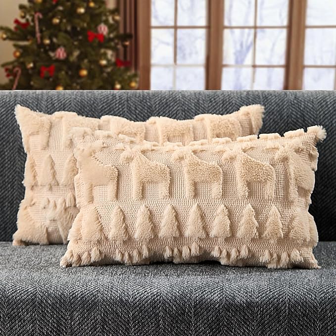 DFXSZ Christmas Pillow Covers 12x20 inch Set of 2 Beige Christmas Tree Elk Decoration Soft Plush Faux Fur Jacquard Throw Pillows for Bedroom Sofa Holiday Festivals Winter Home Decor PTK069C12