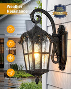 VIANIS Outdoor Wall Light, 16.9" Black Dusk to Dawn Outdoor Lighting with Gold Trim, Outside Light Fixtures Wall Mount with Tempered Water Ripple Glass for Patio, Entryway, Waterproof Anti-Rust