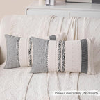 Boho Lumbar Pillow Covers Set of 2-12x20 Inch Black Accent Striped Decorative Farmhouse Coastal Long Boho Throw Pillows, Neutral Textured Pillowcases for Couch Bed, Sofa Home Decor