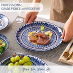 Bestone Porcelain Dinnerware Sets Service for 4, 12 pcs Hand drawn Plates and Bowls Sets, Handmade Ceramic Dish Set, Chip Resistant Modern Plate Set, Dishwasher/Microwave Safe，Vintage Blue