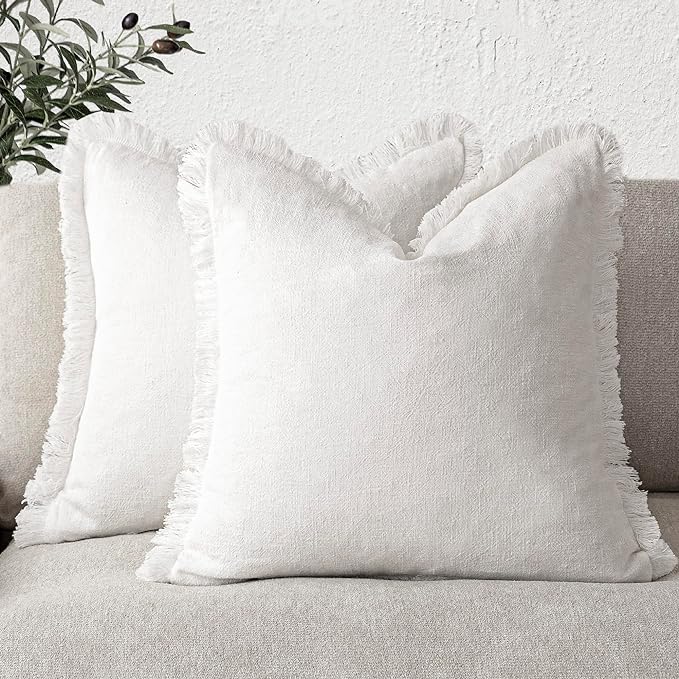 Foindtower Set of 2 Decorative Linen Fringe Throw Pillow Covers Cozy Boho Farmhouse Cushion Cover with Tassels Soft Accent Pillowcase for Couch Sofa Bed Living Room Home Decor,20×20 Inch,White
