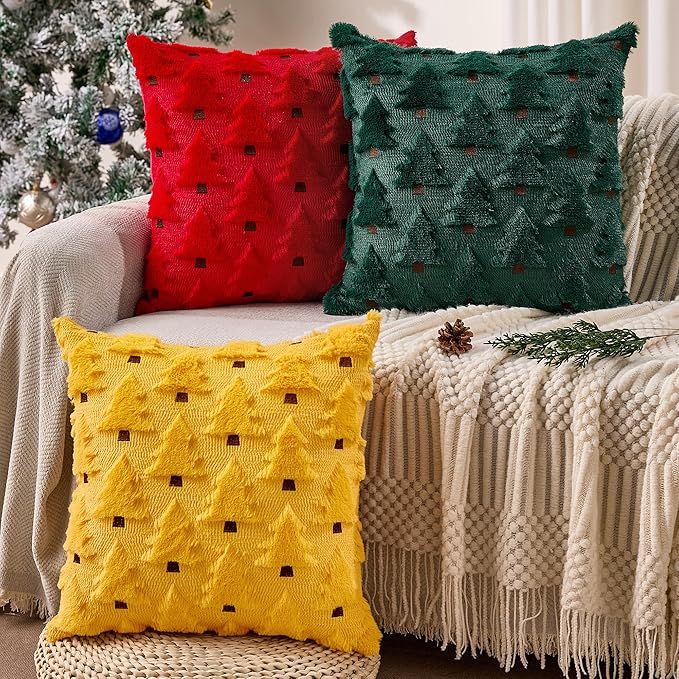 Christmas Pillow Covers 18x18 inch Set of 2 Yellow Xmas Decorations Soft Plush Faux Fur Wool Christmas Tree Throw Pillow Cases Winter Holiday Decor for Sofa Living Room PT002G18
