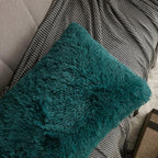WERDIM Shaggy Fluffy Faux Fur Pillowcases 2 Pack Button Closure Velvet Pillow Shams Standard/Queen Size (Teal Green, 20 X 26 Inches)