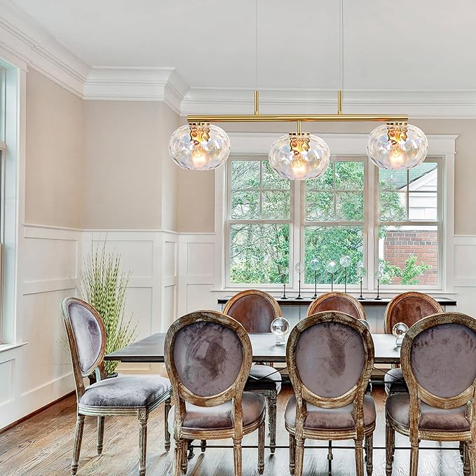 Brushed Brass Gold Chandelier Light Fixture with 7" Stained Glass Shade, 30" W Modern Pendant Lighting for Kitchen Island Dining Room