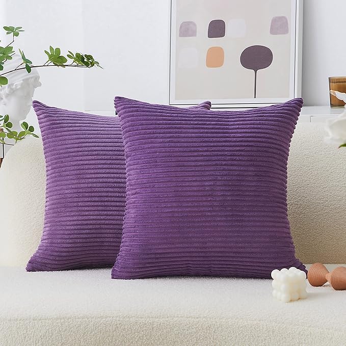 Home Brilliant Purple Pillow Covers Decorative Throw Pillows Striped Corduroy Velvet Large Euro Sham Couch Throw Pillow Cover for Bed, 24x24 inch, Eggplant