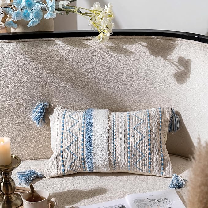 BlissBlush Blue Decorative Lumbar Throw Pillow Cover 12x20 Rectangular Boho Accent Pillowcase Neutral White Farmhouse Cushion for Couch Sofa Bedroom Living Home Décor (Cover ONLY, Pack of 1)
