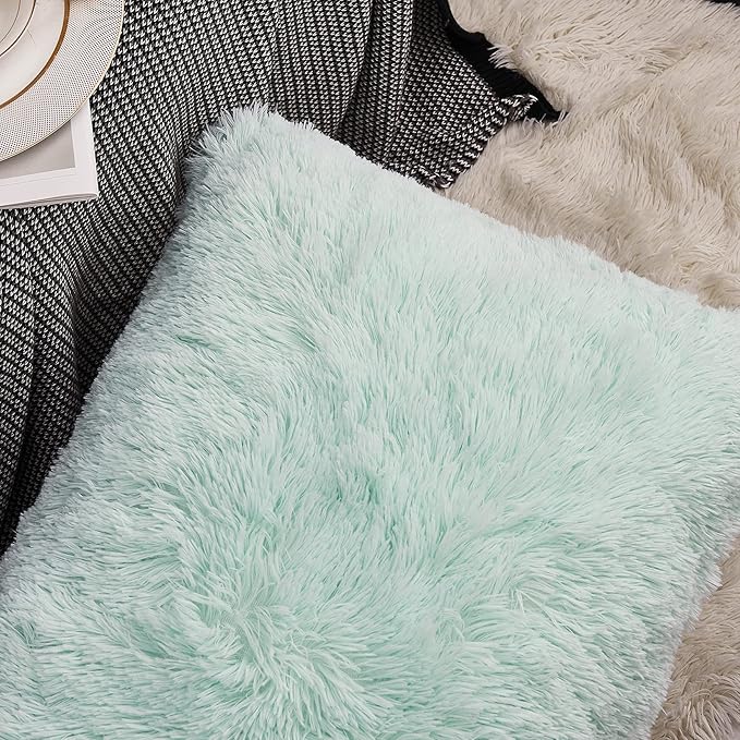 WERDIM Shaggy Faux Fur Pillowcases 2 Pack Button Closure Velvet Pillow Shams Standard/Queen Size (Aqua, 20 X 26 Inches)