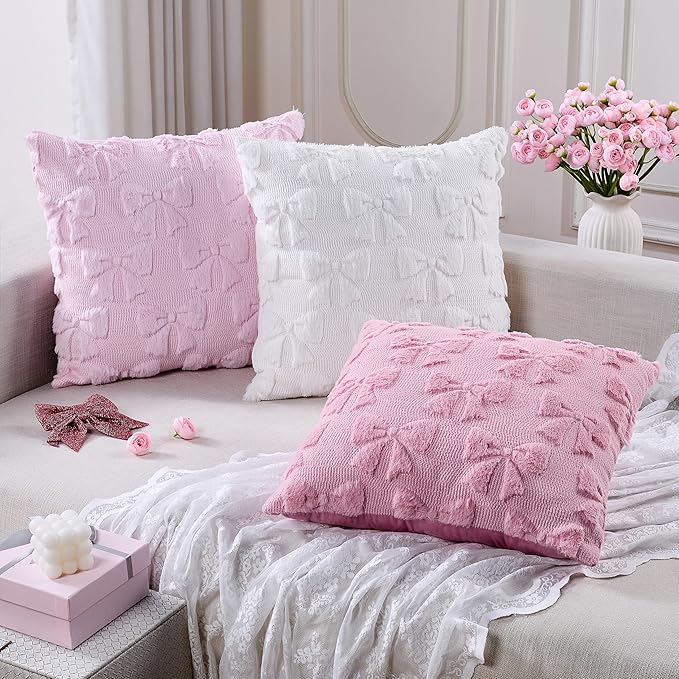 Pink Christmas Pillow Covers 18x18 Set of 2 Valentine Coquette Room Decor Cute Faux Fur Soft Aesthetic Bowknot Plush Preppy Fluffy Decorative Throw Cushion Case for Sofa Couch Bed Chair Living Room