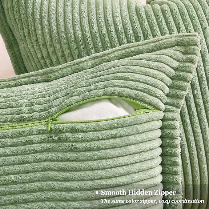 decorUhome Corduroy Sage Green Throw Pillow Covers 18x18 Set of 2 Decorative Soft Boho Farmhouse Euro Couch Pillow Covers for Living Room Bed Sofa Broadside Striped Pillow Cases